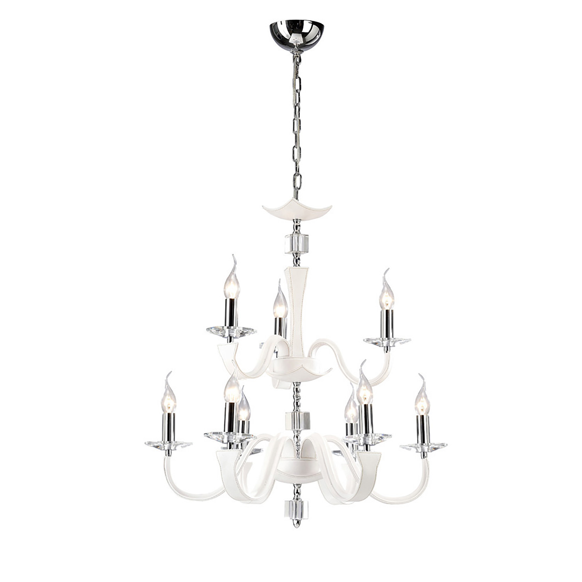 IL31029   Nardini 65cm Pendant 2 Tier 9 Light E14 Polished Chrome/White Faux Leather/Crystal